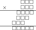  \setstretch{0.7} \begin{array}{rr} & \square\square\square  \\ \times &  \square\square\square \\ \hline & \square\square\square\square  \\ & \square\square\square\hspace*{0.8em}  \\ & \square\square\square\hspace*{1.6em}  \\ \hline & \square\square\square\square\square   \\ \end{array}