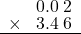  \setstretch{0.75} \begin{array}{rr} \color{white}9.\color{black}0.0\textcolor{white}.2 \\ \times\color{white}9.\color{black}3.4\textcolor{white}.6 \\ \hline \end{array}