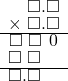  \setstretch{0.75} \begin{array}{rr} \color{white}\square.\color{black}\square.\square \\ \times\textcolor{white}.\square.\square \\ \hline \square\textcolor{white}.\color{black}\square\textcolor{white}.\hspace{0.1em}0\hspace{0.1em} \\ \square\textcolor{white}.\square\color{white}.\square \\ \hline \square.\square\color{white}.\square \\ \end{array}