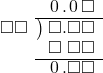  \setstretch{0.9} \begin{array}{rcc} \ &\ &\hspace{-1em}\hspace{0.1em}0\hspace{0.2em}.\hspace{0.1em}0\hspace{0.2em}\square \\ \cline{2-3} \kern1em\square\square& \kern-0.6em {\big)} \kern0.1em & \hspace{-1em}\square.\square\square \\ \ &\ &\hspace{-1em}\square\textcolor{white}.\square\square \\ \cline{2-3} \ &\ &\hspace{-1em}\hspace{0.1em}0\hspace{0.2em}.\square\square \\ \end{array}